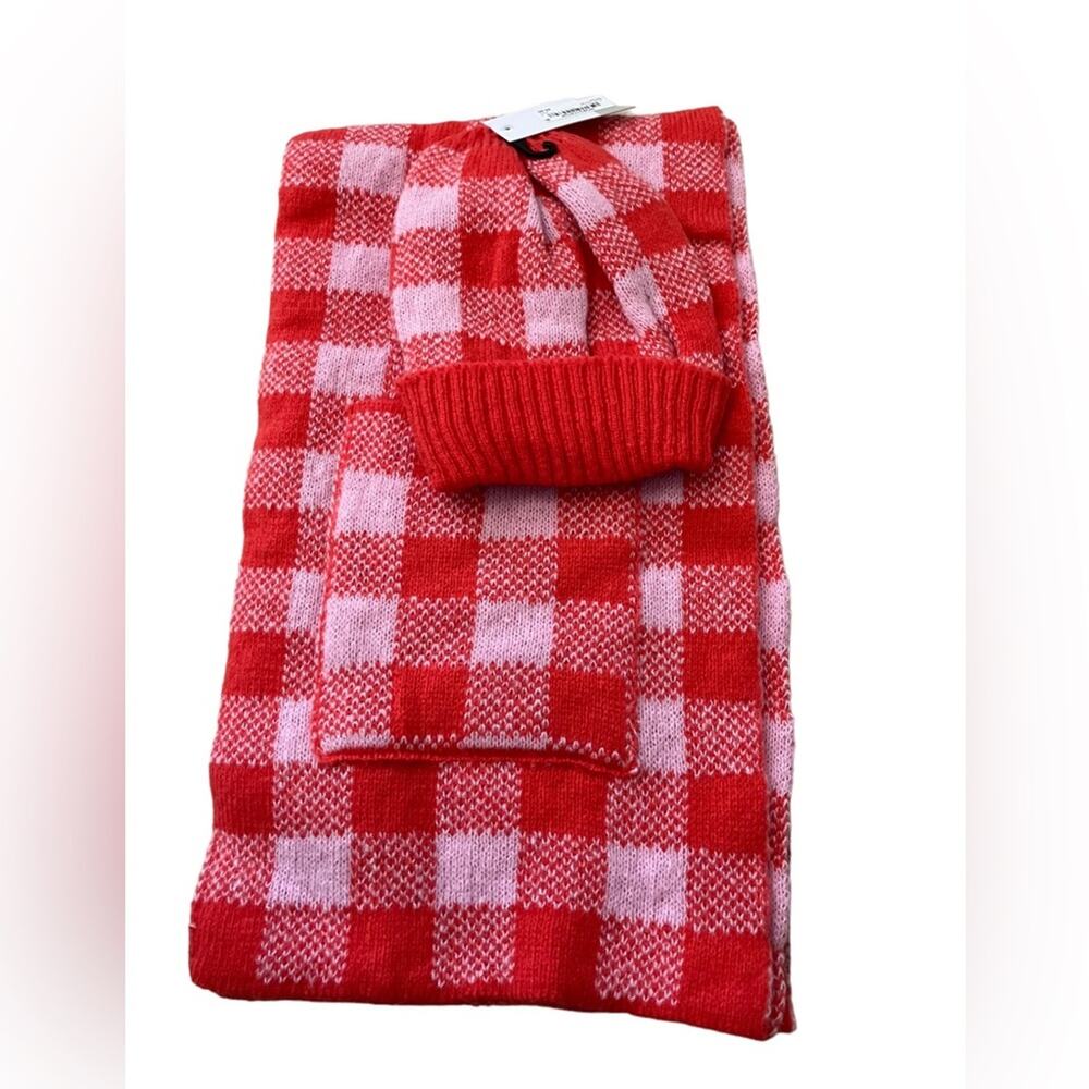 Nordstrom BP. Red and Pink Checkered Knit Scarf with Pockets/ Beanie Hat Set OS